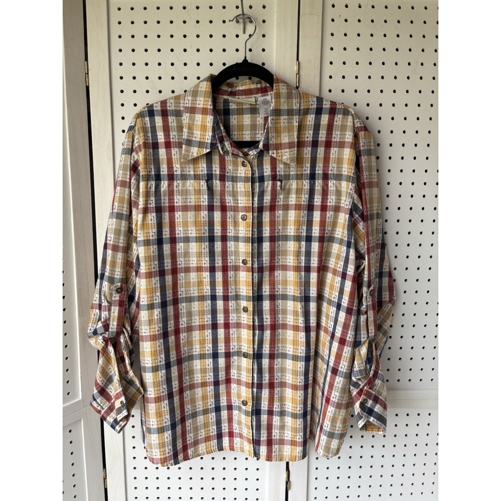 Alfred Dunner Women's 20W Red Blue Yellow Plaid Button Down Long SLV Cottagecore